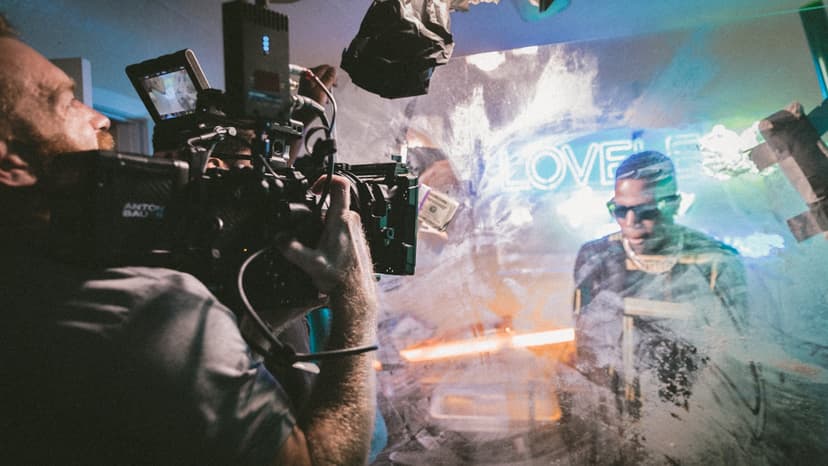 Camera operator filming a concert with professional video camera